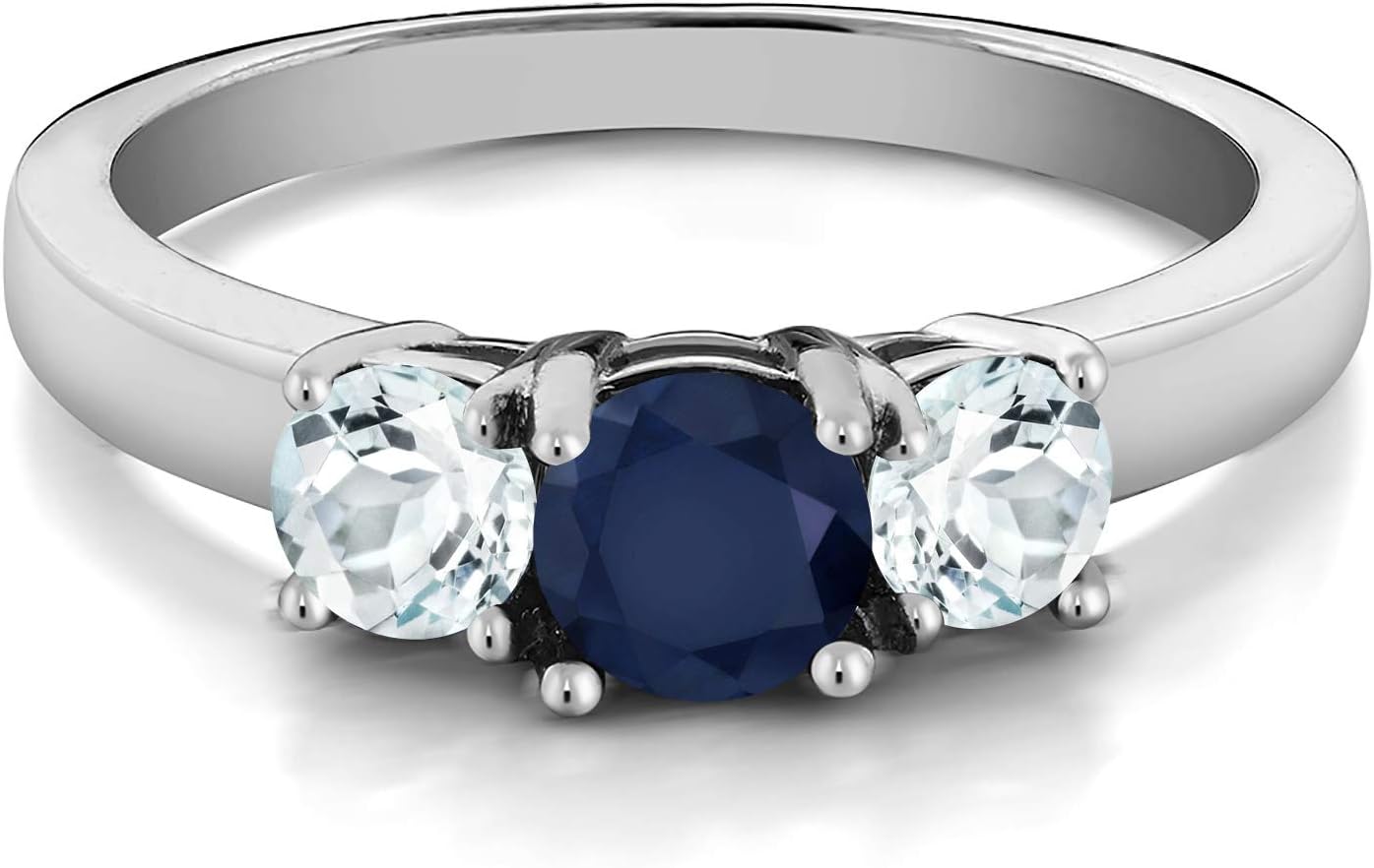 Gem Stone King 1.04 Cttw Blue Sapphire and Sky Blue Aquamarine 3-Stone Ring For Women | 925 Sterling Silver | Gemstone Birthstone | 3 Stone Wedding Engagement Anniversary Promise Ring For Women