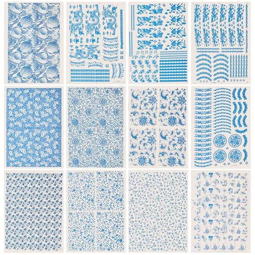BENECREAT 12 Estilos Cerámica Arcilla Papel de Transferencia, Calcomanías de Transferencia Bajo Cubierta con Patrón de Porcelana Azul Y Blanca de 53x38cm, Calcomanías de Cerámica para Esmalte de
