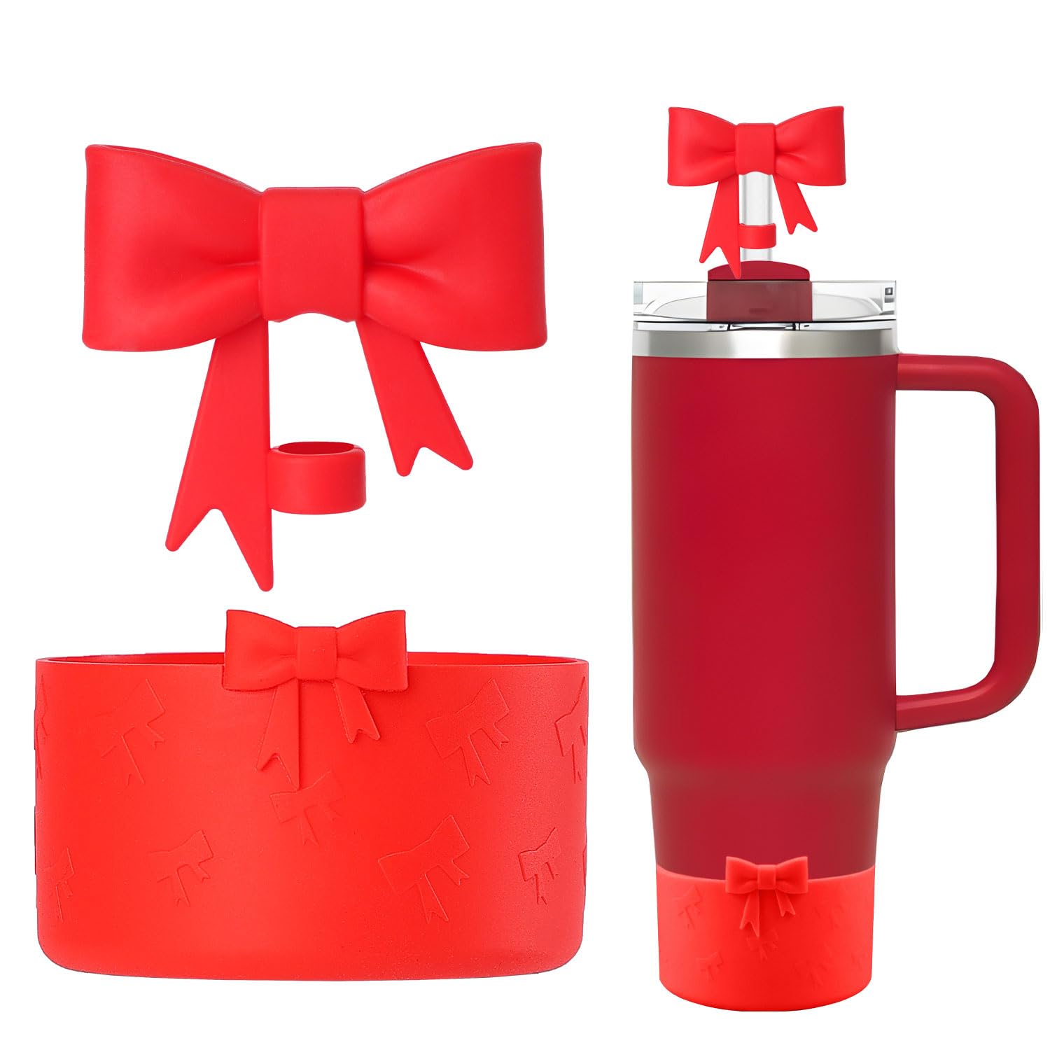 Bow Silicone Protective for Stanley Boot for 20/30/40Oz, 2 Pack for Stanley Cup Accessories Compatible 12-24Oz for Hydroflask Boot and More (Red Set)-image-35