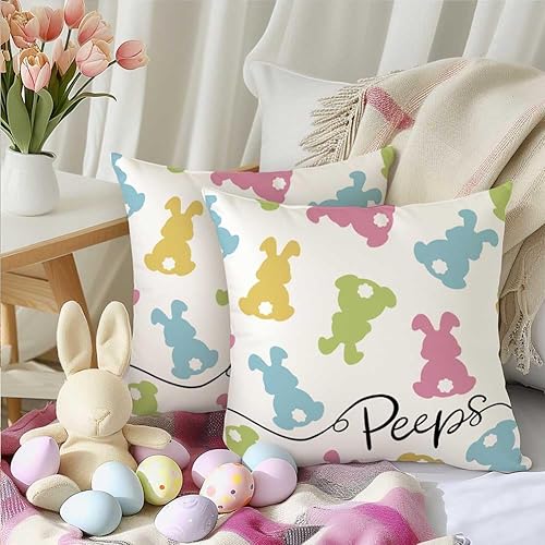 Miniatura 3 de RABUSOFA Juego de 2 fundas de almohada decorativas de Pascua de 18 x 18 pulgadas, fundas de cojín decorativas de conejo de corazón de lunares, funda