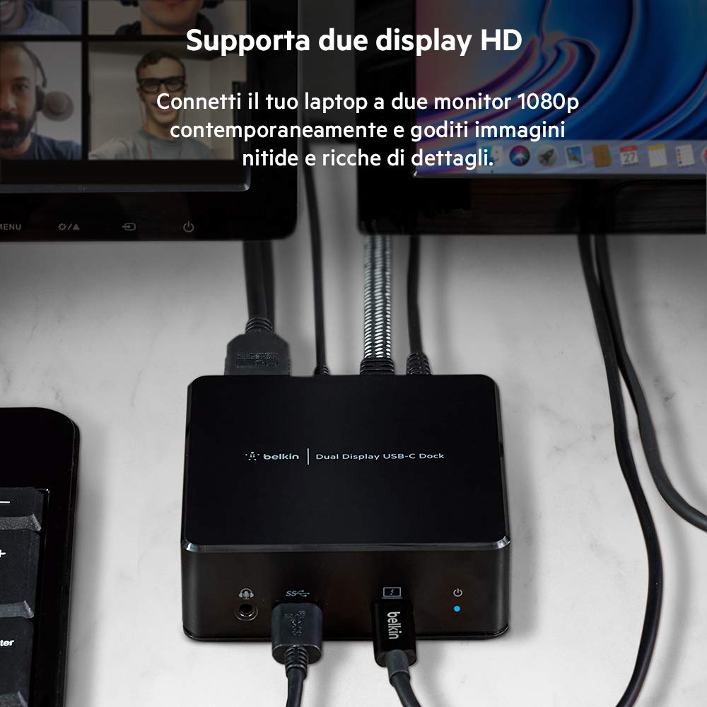 Belkin Docking station con doppio display USB-C (alimentazione da 85 W, HDMI, USB-A 3.1 Gen 1, USB-C, Gigabit Ethernet, ingresso/uscita audio per MacBook, XPS e altri laptop USB C), nera