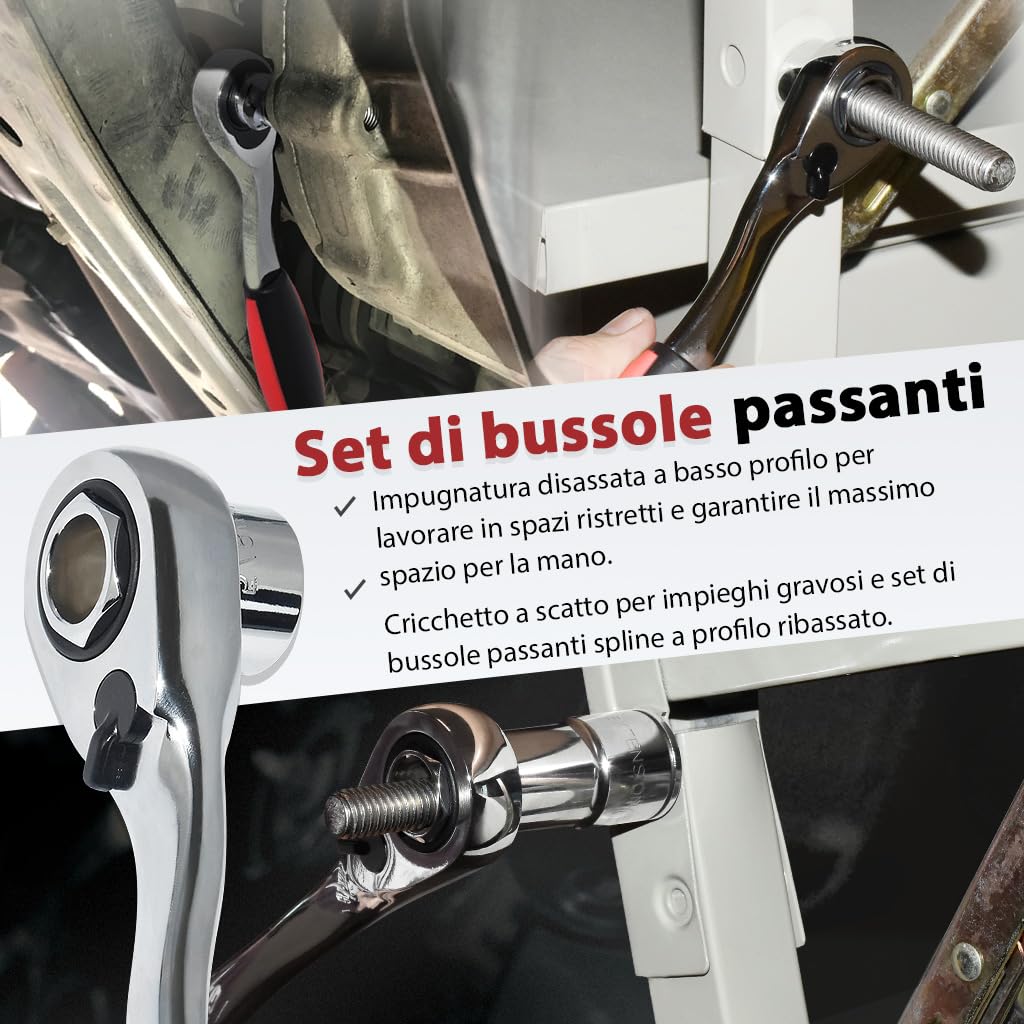 FIRSTINFO F32283 | Set Chiavi a Cricchetto Passanti Profilo Basso 52 Pezzi | SAE/Metriche | 1/4", 3/8", 1/2"