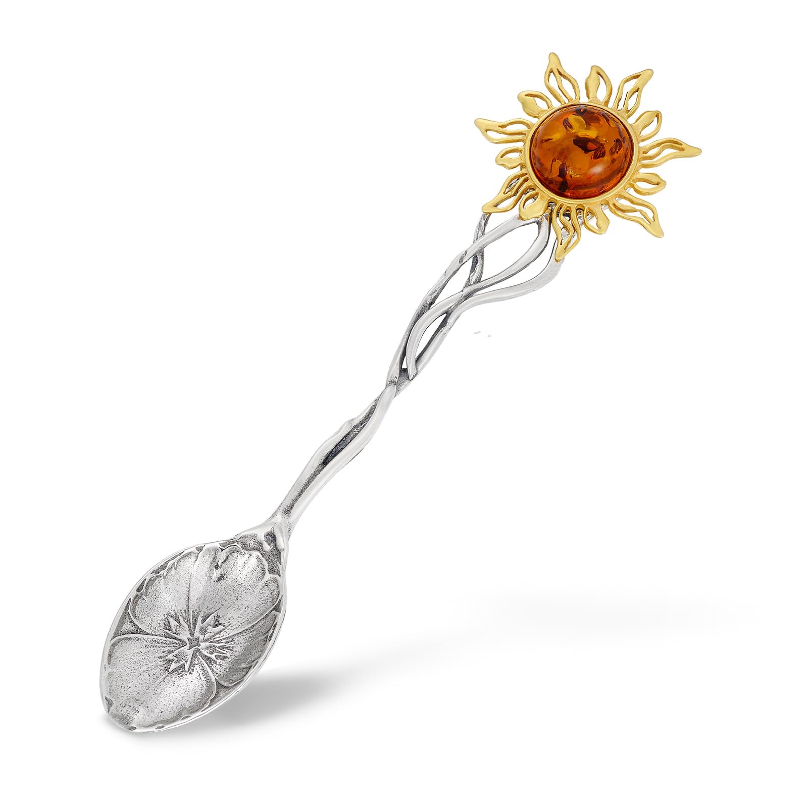 Silberlöffel mit Bernstein 925 Silber mit vergoldeter Sonne – Taufgeschenk, Erster Geburtstag, Dekoratives Andenken inkl. Etuit garantiert