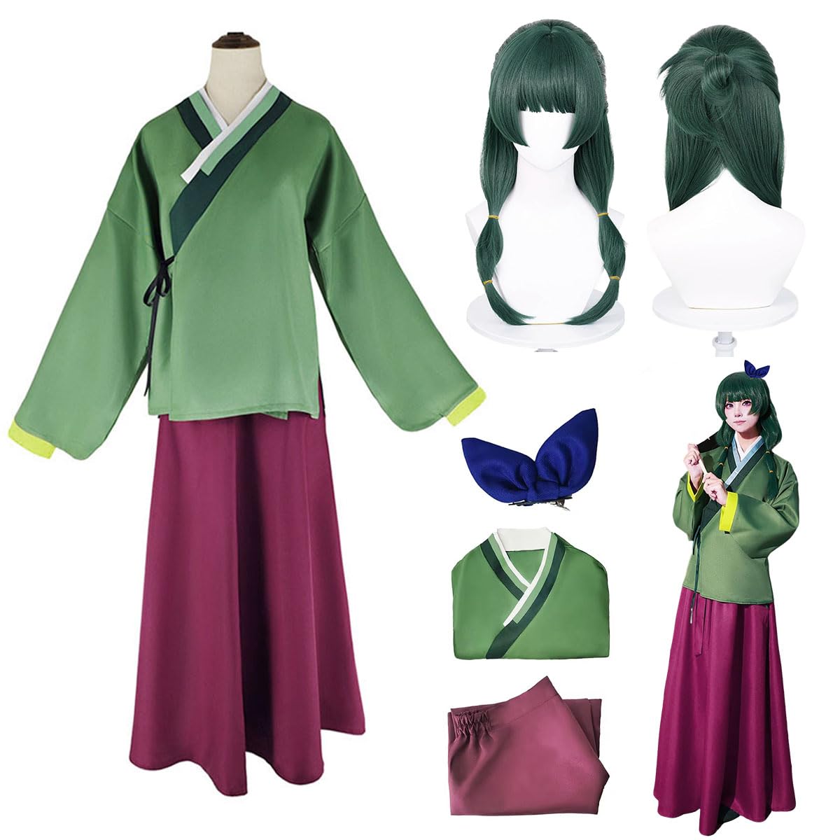 Maomao Women's Cosplay Costume with Wig, Apothecary Diaries Anime, Hanfu for Adults, Halloween, Carnival, Cosplay, Fancy Dress Party (Maomao, XS)