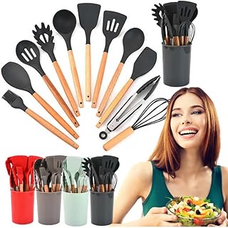 Kit Utensílios de Cozinha Silicone C/Cabo Madeira Jogo Completo 12 Peças Colher Espátula Concha Pegador Fue Pincel Livre de BPA (Preto) da Marca Viva Tech  