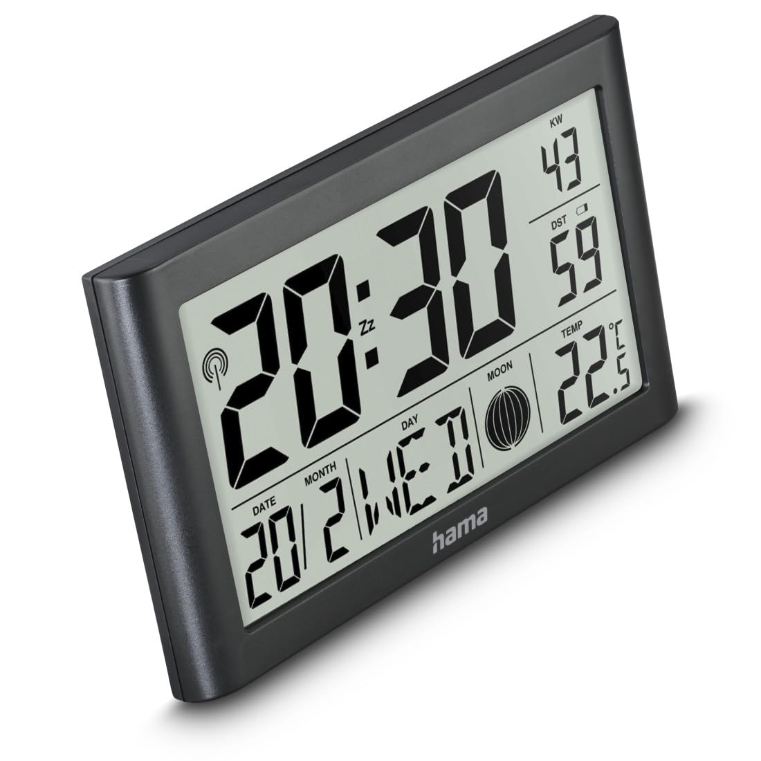 Hama Orologio da parete digitale (DCF radiocontrollato con termometro, orologio con funzione sveglia, 2 sveglie, visualizzazione di calendario, giorno della settimana, fasi lunari, base pieghevole,