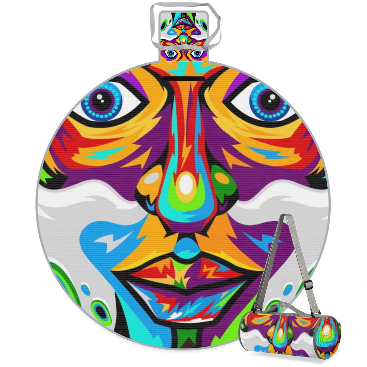 Shimoshe Colorful Hipster Face Pattern Picnic Outdoor Blanket Foldable Waterproof Sandproof Beach Blanket Portable Water-Resistant Round Picnic Mat for Travel Camping Park Lawn