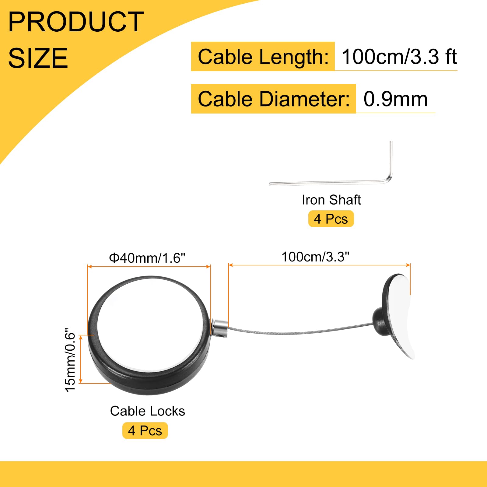 QUARKZMAN 3.3ft Câble Rétractable avec Patch Arc Télécommande Sécurité Serrure avec Cordon Réglable Anti Vol pour Laptop, TV, 150 G, Noir, 4 Pack