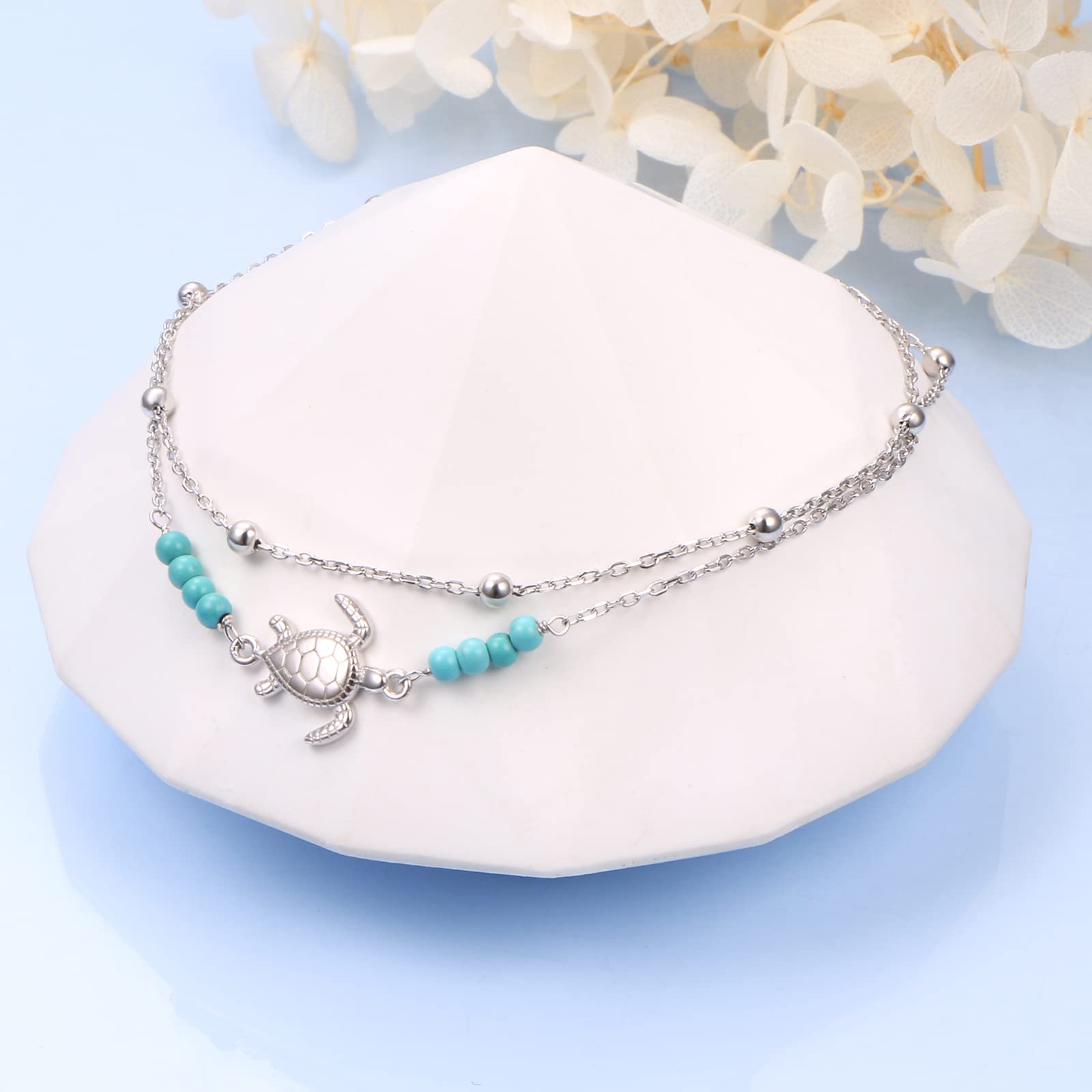 Flyow S925 Sterling Silber Layered Fußkettchen für Frauen Meerjungfrau/Schildkröte/Mond Stern Einstellbare Fuß Fußkettchen Schmuck Geschenke für Frauen Mädchen
