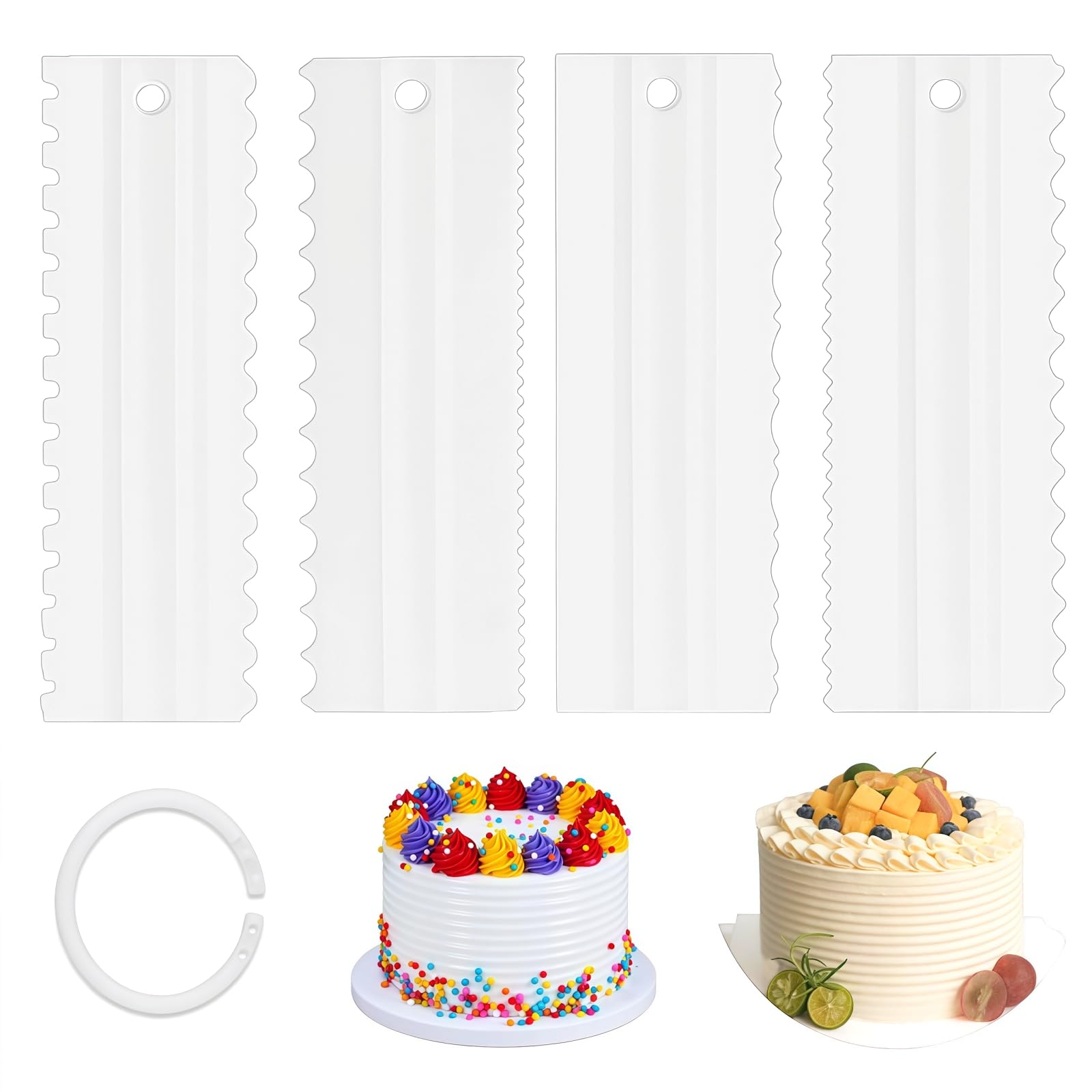 SamHeng Plastic Cake Scraper, 4 Pcs Double Sided Icing Smoother with Serrated Edges, Decorating Comb for Buttercream Fondant Chocolate, DIY Baking Tools for Cake Decorating
