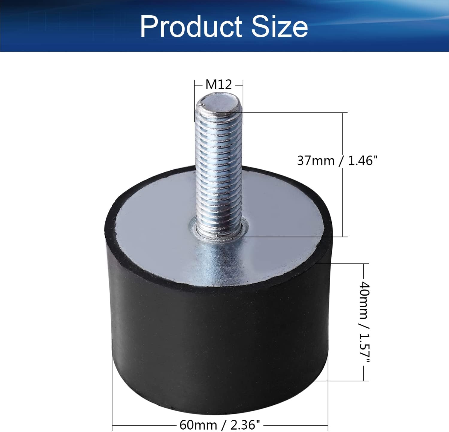 Yinpecly M12 x 37mm Male Thread Studs 2.36" Dia x 1.57" Height Rubber Shock Absorbers Isolators 60x40mm Thread Mounts Metal Anti Vibration Isolators for Motor Generator Pump Car Bobbins Black 1Pc