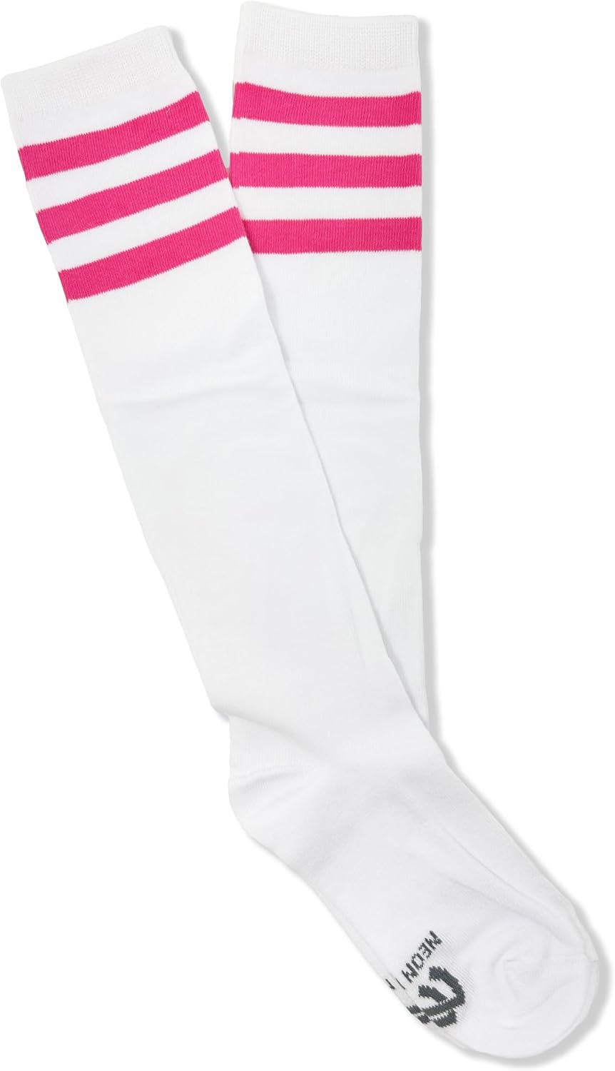 NEON NATION Unisex White Knee High Team Tube Socks with Various Colored Stripes