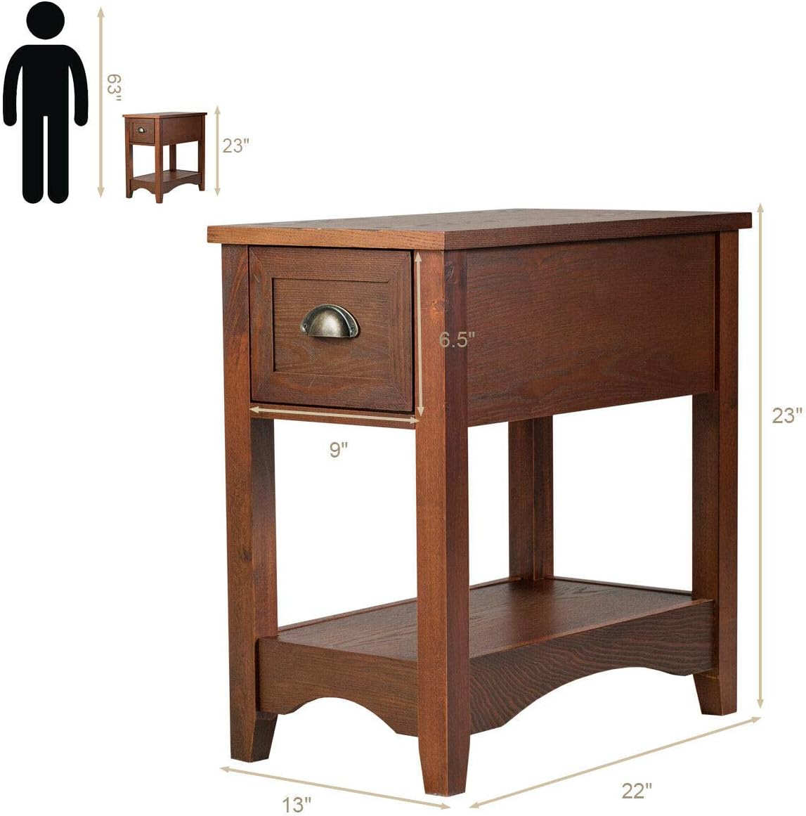 Diagram showing the dimensions of the DORTALA Chair Side End Table: 22 inches wide, 13 inches deep, and 23 inches high.
