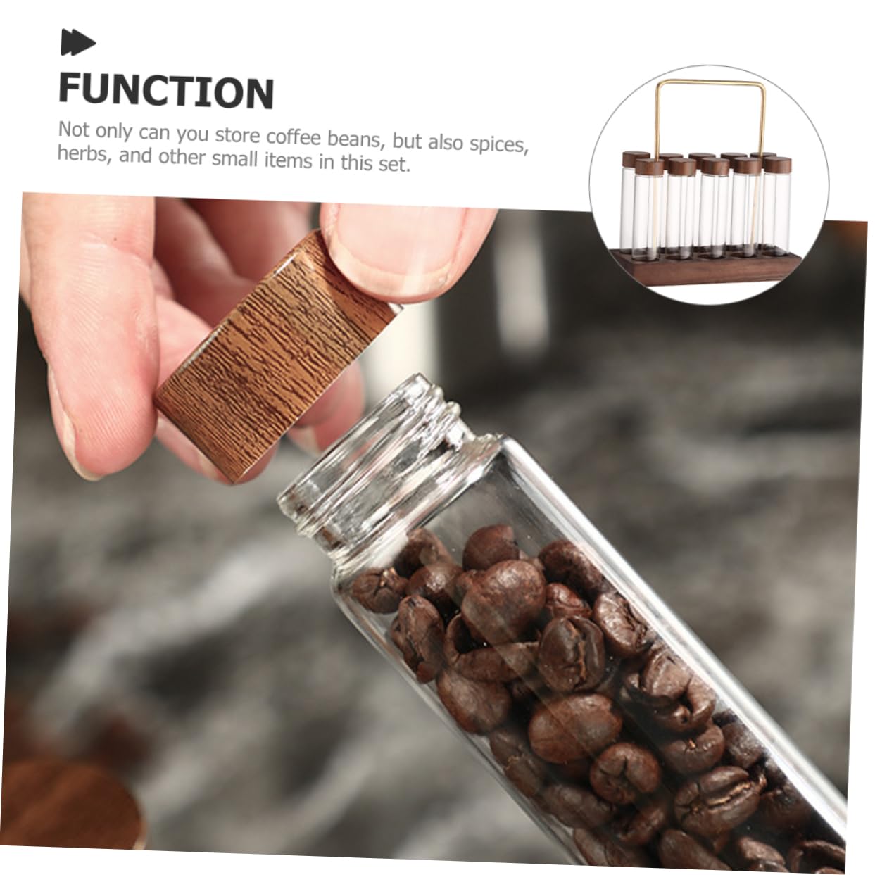 Zerodeko Kaffeebohnen Behälter aus Glas mit Holzständer Glasaufbewahrungsröhrchen zur Aufbewahrung von Kaffeebohnen für Küche