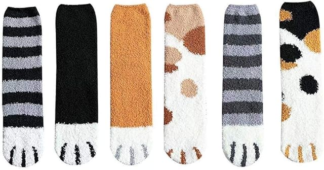 HUANG 6 Pairs Women's Cat Paw Claws Socks Coral Fleece Fuzzy Fluffy Cozy Winter Warm Crew Sleeping Slipper Socks for Girls