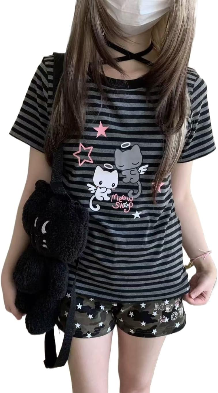 Women Y2K Cute Cat Anime Print Raglan Sleeve Cartoon Kawaii Preppy T-Shirt