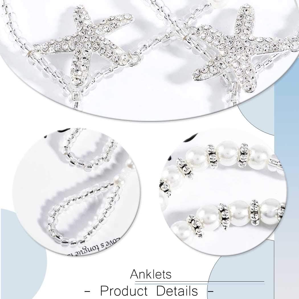 Ursumy 2Pcs Boho Beach Barefoot Sandals Beaded Foot Chain Starfish Anklets Ring Jewelry Wedding Ankle Bracelets for Women