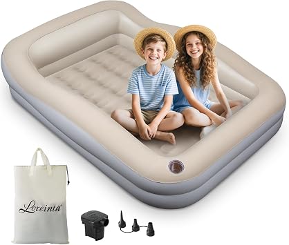 Inflatable Toddler Travel Bed Portable Floor Bed with Safety Bumpers for Kids, Blow Up Mattress for Home, Camping, Sleepovers Includes Pump & Carry Bag, Ideal for 1-4 Years Old