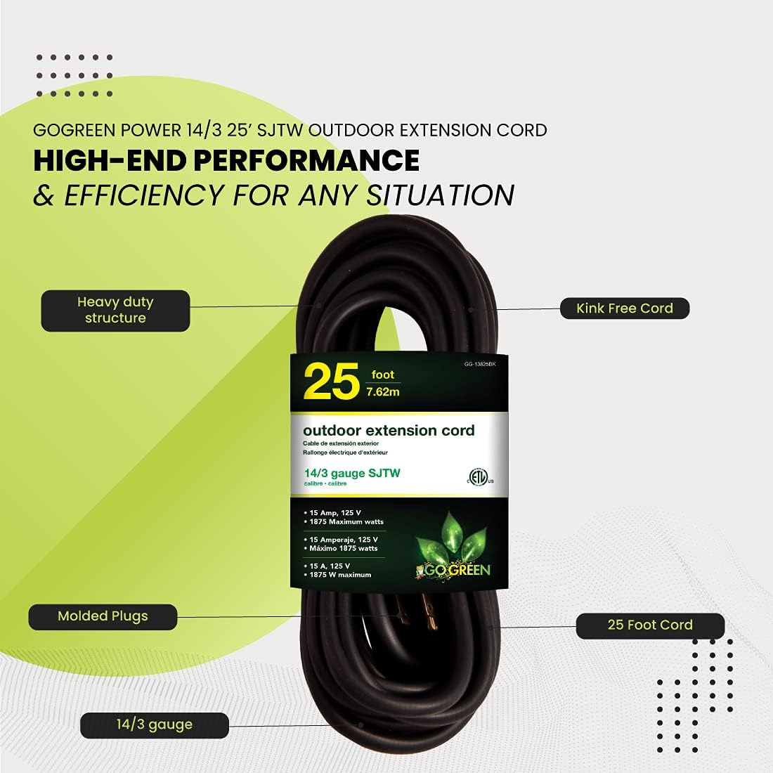 Go Green Power Inc. GG-13825BK - 14/3 SJTW Outdoor Extension Cord, Black, 25 ft