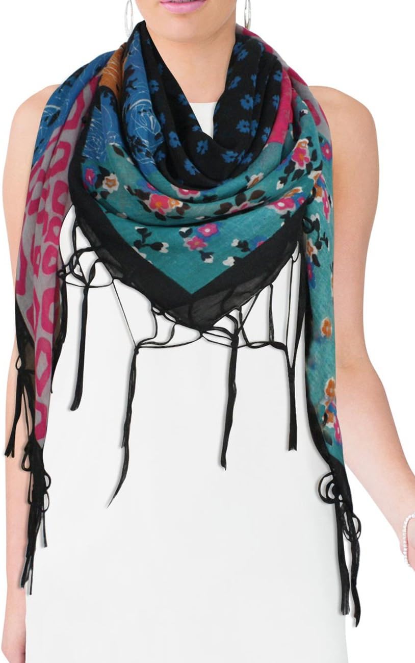 Multi Flowers Leopard Pattern Tassel Ends Sheer Square Scarf Sarong