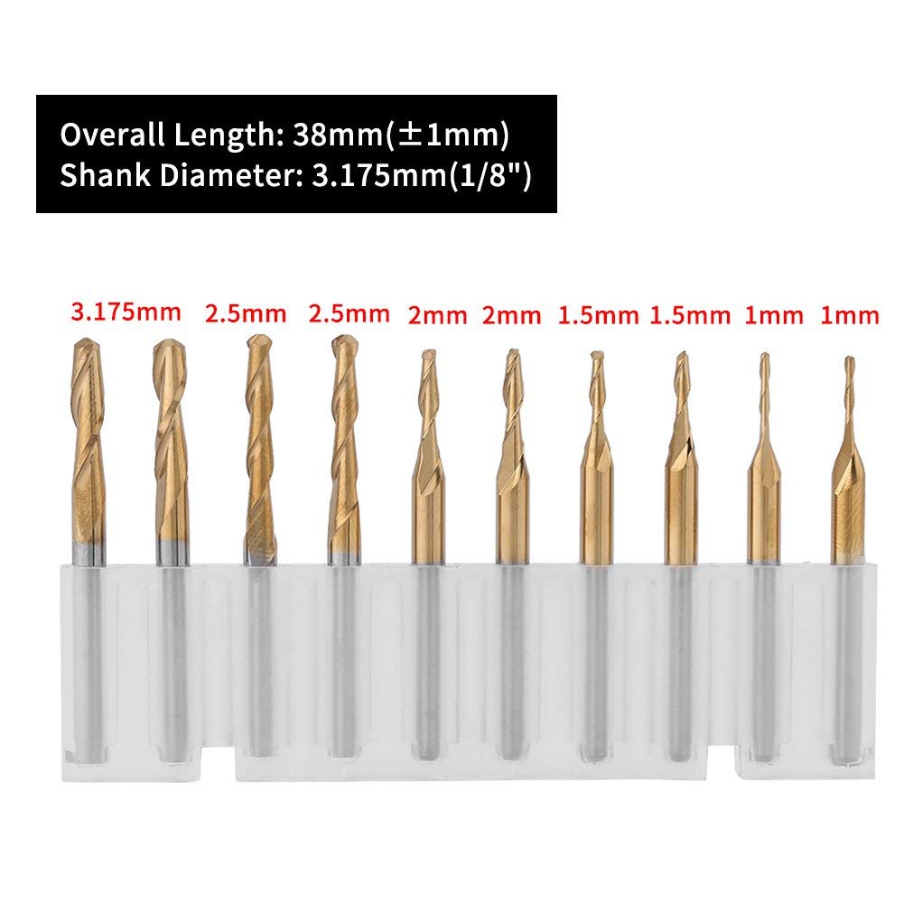 10pcs3.175mm Shank Titanium Coated Ball Nose End Milling Cutter Set 1mm - View #7