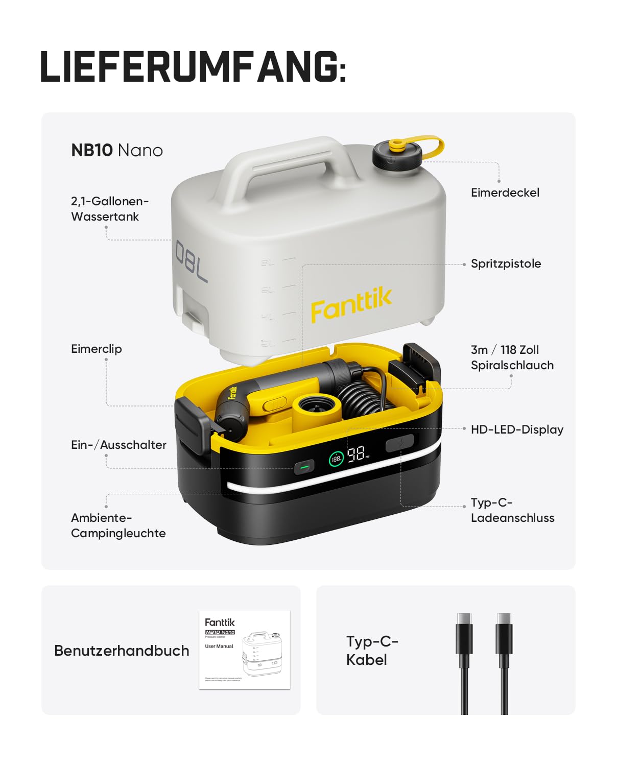 Fanttik NB10 Nano tragbarer Akku-Drucksprüher, 2,1-Gallonen-Tank, 72-98 PSI, HD-LED-Display, 4000mAh, mit Campingleuchte – tragbarer Hochdruckreiniger für Zuhause, Terrasse und Camping
