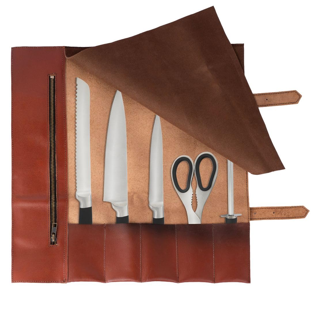 Leathershire Full Grain Leather Chef Knife Roll Bag Professional Knife Tool Holder Case, Kitchen Knife Organizer Chef Roll for Culinary Students & Chefs Birthday Gift (Tan Brown, 5 Pockets)