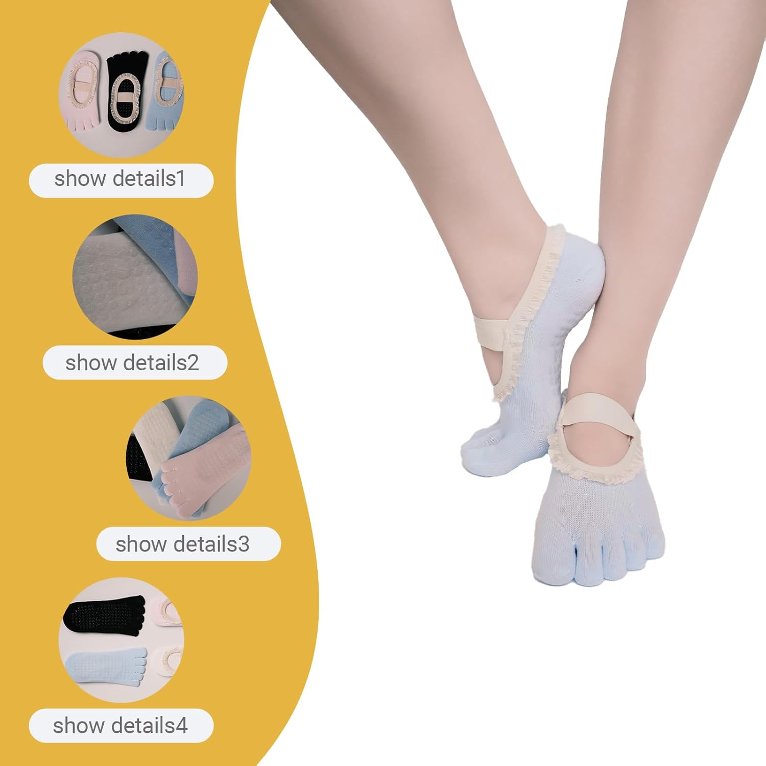 Women's Non-Slip Pilates & Yoga Toe Socks with Lace Trim - Fashionable Grip Socks for Indoor Workouts, 4 Pairs Pack in Mixed Colors (Black, Blue, Pink, White) - US Size 5-9 - Image 7