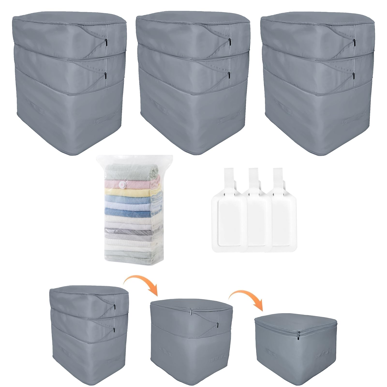 Vercclik Ultra Space Saving Large Self Compression Storage Bags for Comforters and Blankets,Self-Compressing Organizer for Storage Bedding. (Gray, 3 Pack)