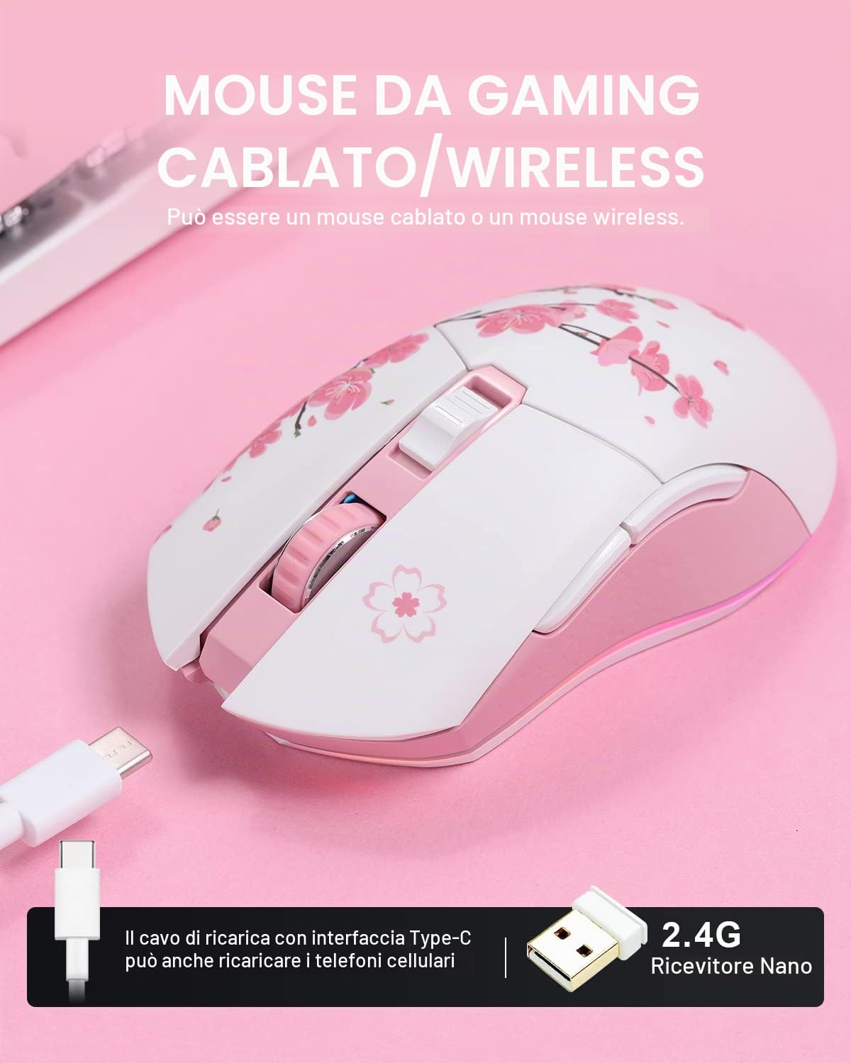 DAREU Sakura Mouse Wireless Gaming Rosa, 2 mode con 6 pulsanti programmabili, 10K DPI, RGB e 7 livelli DPI regolabili fino a [150 IPS] [frequenza di polling 1000 Hz] per PC, notebook e Mac