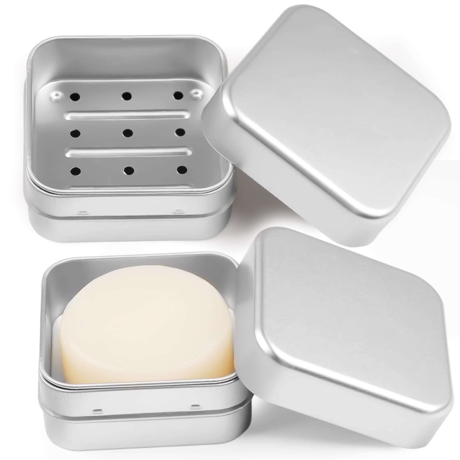 Seifendose Reise 2 Stück, Aluminium Seifenbox mit Abtropfgitter und Deckel, Seifenschale Klein für Rasierseife Herren, Ziegenmilchseife,Festes,Shampoo, Edelstahl Soap Box