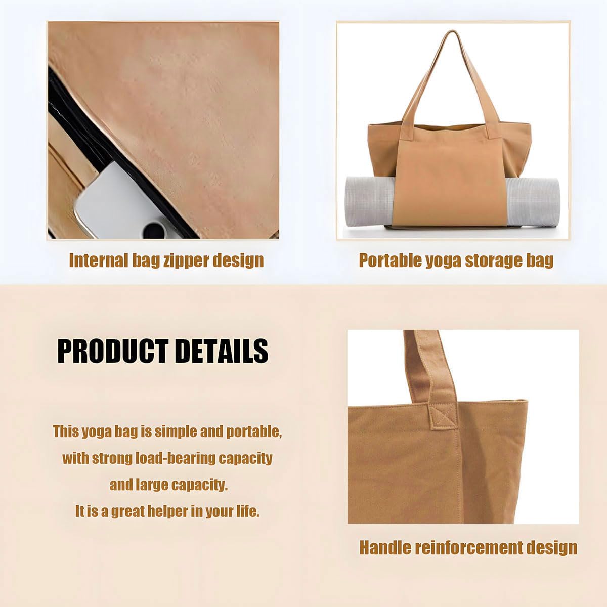 Women Yoga Mat Bags Large Tote Bag Portable Carryall Canvas Tote Beige Canvas Bags with Yoga Mat Carrier for Pilates Shoulder Travel Office Beach Workout - Image 5
