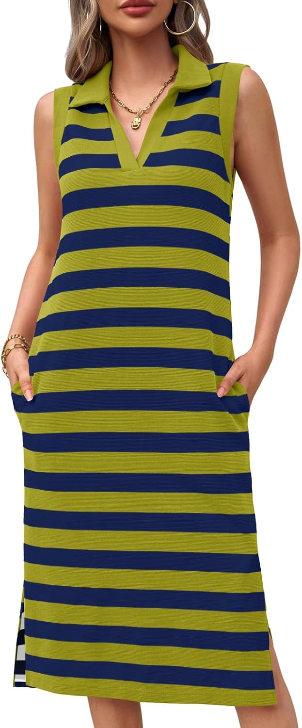 Wenrine Women's Striped Summer Dress Casual Polo V Neck Sleeveless Slit Loose Fit T Shirt Midi Dresses
