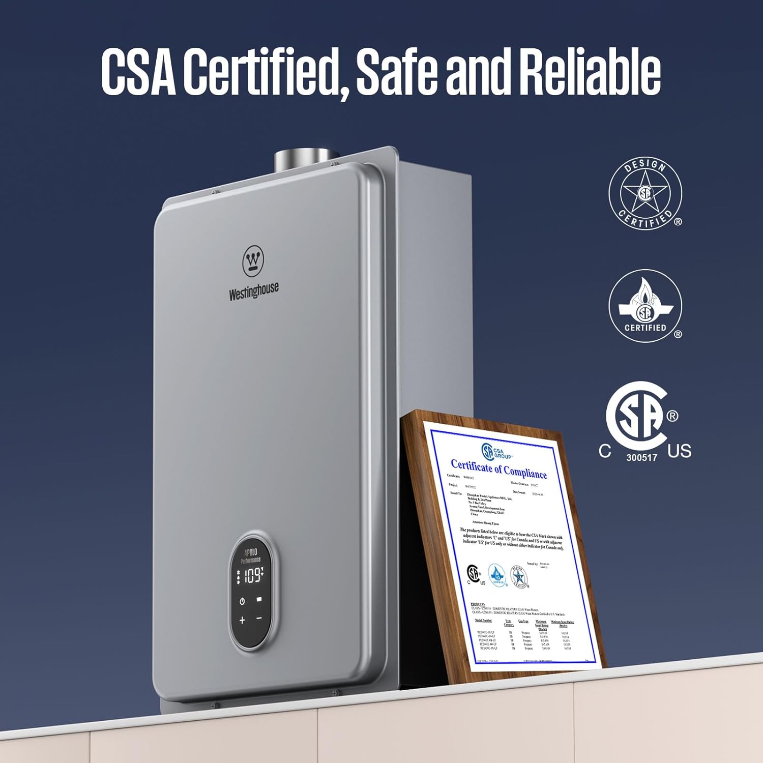 Westinghouse Natural Gas Tankless Water Heater, Indoor Installation, Max 5.1 GPM 120,000 BTU, WIFI Enable Temp Self Modulating Non Condensing High Efficiency for Whole Home, APOLO Performance