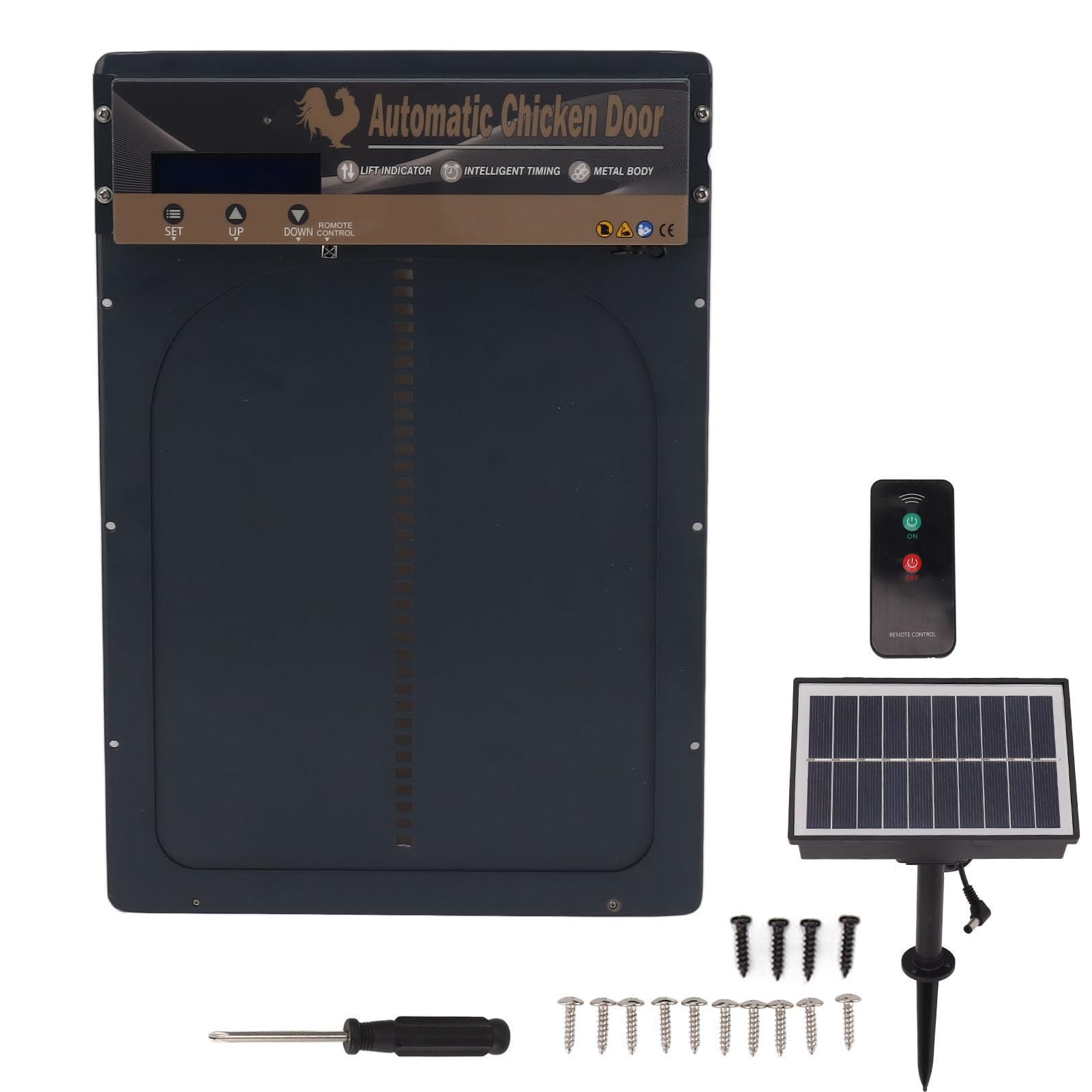 Porta Automatica per polli ad energia Solare, apriporta per pollaio, sensore di Luce 3 in 1, Schermo LED per Fattoria (Grigio)
