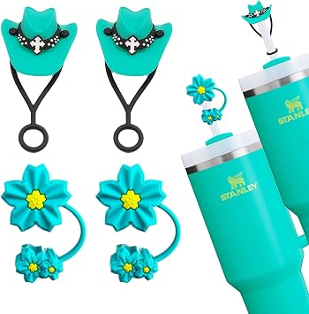 Teal Accessories for Stanley Cup- Silicone Straw Cover 2pcs Flower Toppers 2pcs Cowboy Straw Hat Cap for Stanley 40 Oz Tumblers Simple Modern Accessories Teal