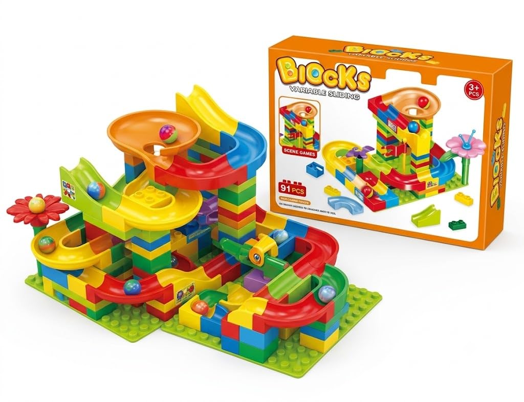 Variable Sliding Building Blocks Construction Set 91 Pcs | Ages 3+, Includes Balls & Tracks, Develops Motor Skills, Multiple Build Layouts, Colourful Interlocking Blocks-image-47