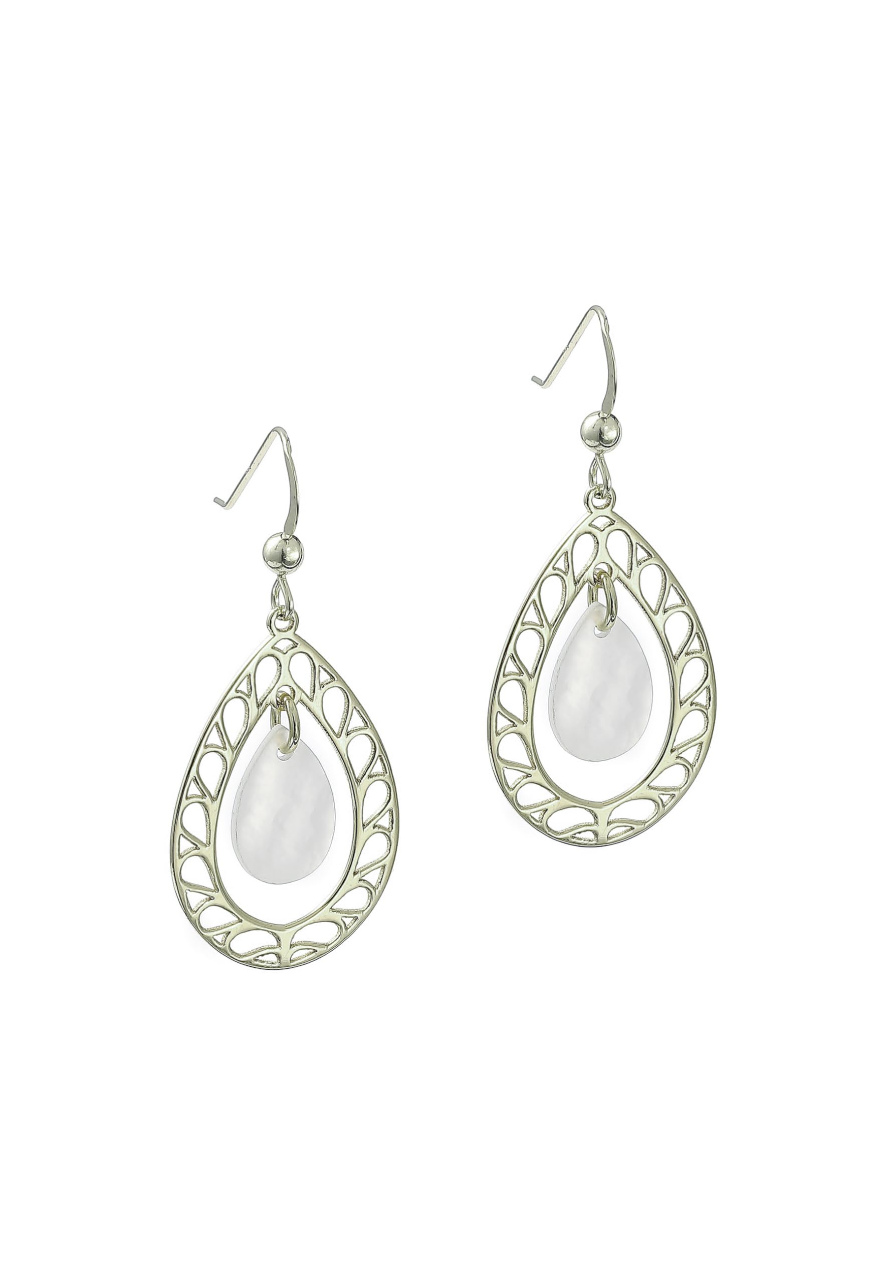 Orecchini in argento con ciondolo a goccia decorati con motivo traforato con madreperla naturale, standardowy, Argento sterling In argento Sterling madreperla, Madreperla