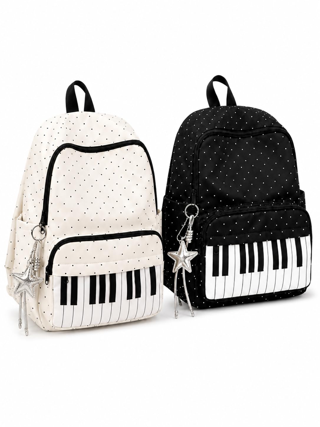 Piano Casual Rucksack, Polka Dot Music Backpack with Star Charm, Large Capacity Laptop School Bookbag for Women Girls College Travel (Schwarz+Weiß)