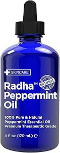 Radha Beauty Peppermint Essential Oil 4 oz - 100% Pure &amp; Therapeutic Grade, Steam Distilled for Aromatherapy, Fresh Minty Scent, Focus, DIY Projects, Candles, Sprays and Fragrance