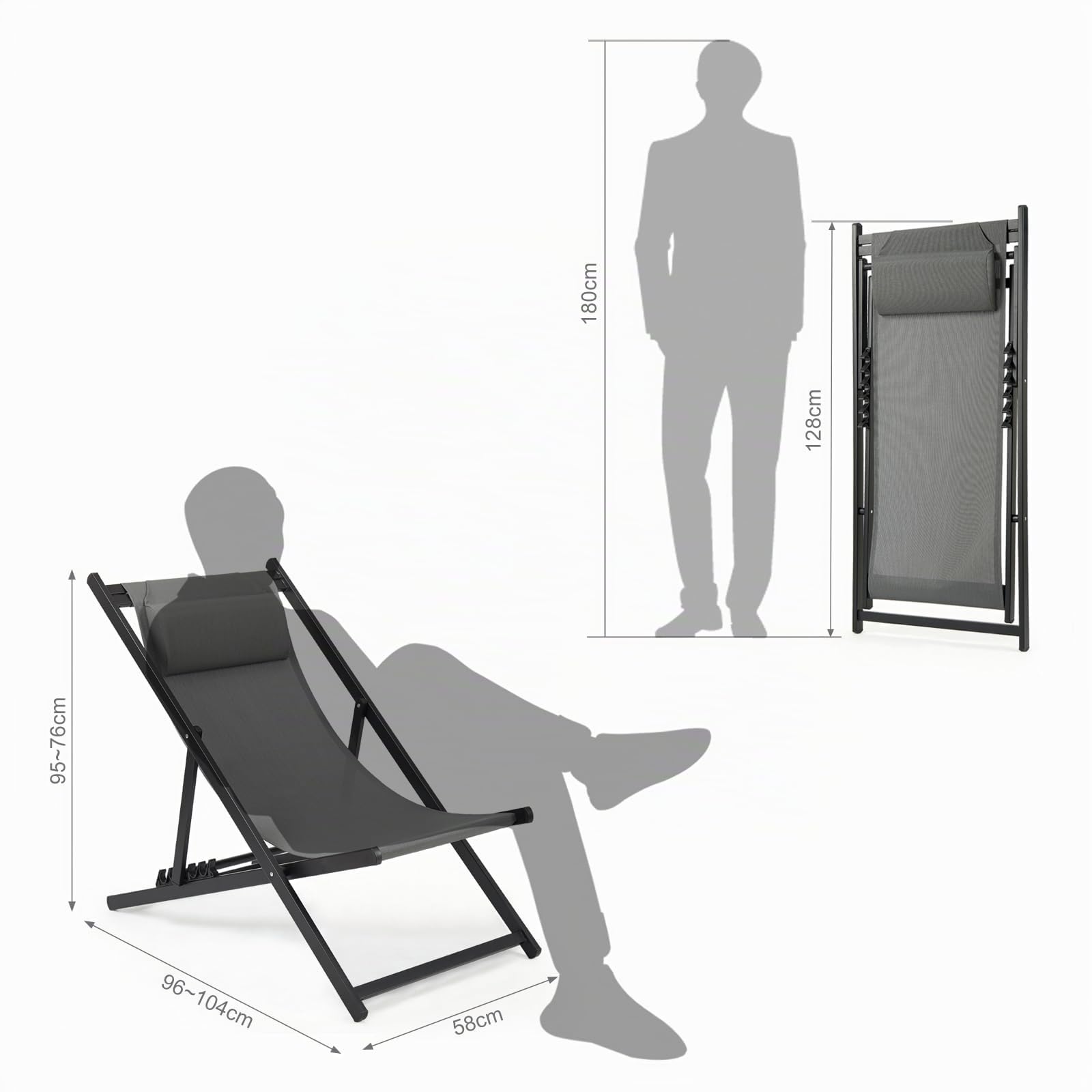 Mondeer Liegestuhl Klappbar, Baumwolle, Grau, 104x58x95 TANGYI04