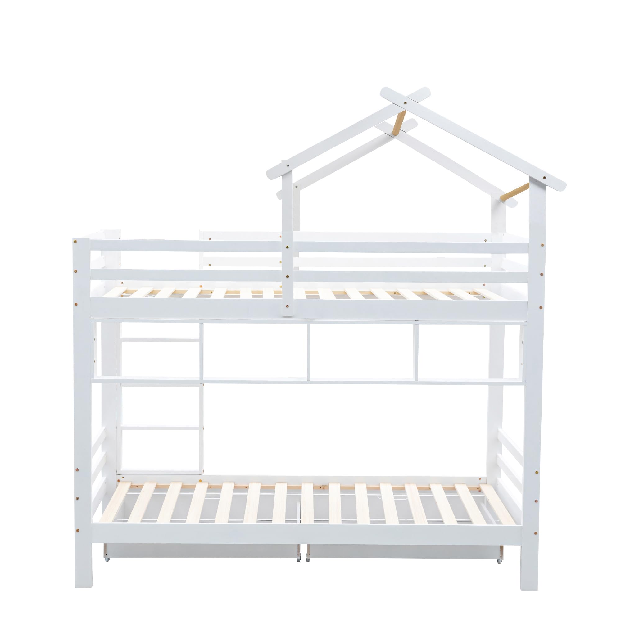 Moimhear Letto a Castello con Cassetti e Ripiani, Letto con Scala Ad Angolo Retto a Tre Livelli, Lettino con Protezione Anticaduta e Griglia, Telaio in Pino, Bianco (90x200cm)