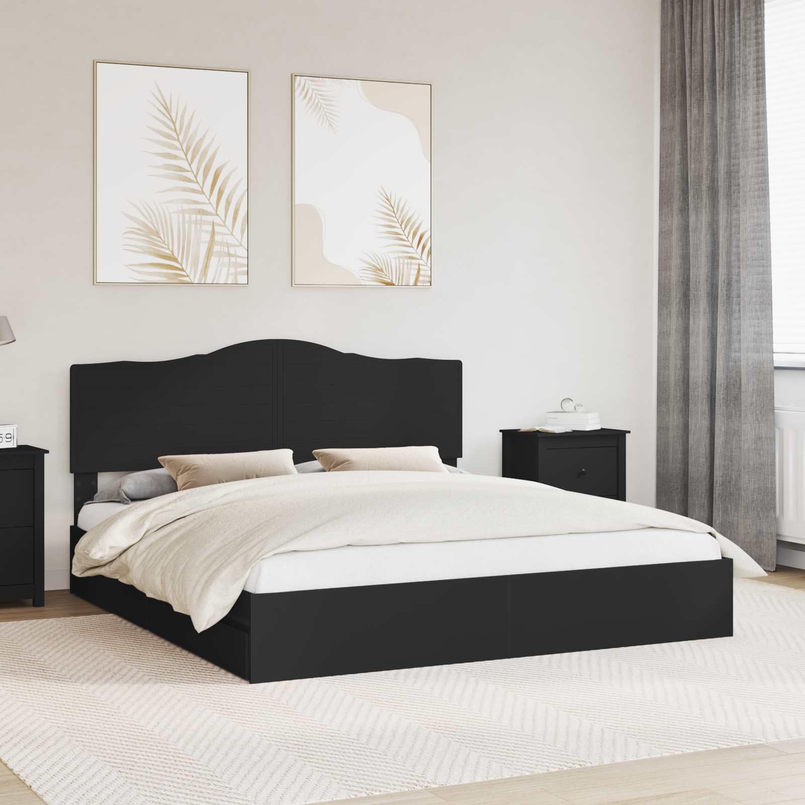vidaXL Storage Bed with Headboard Black 200 x 200 cm Engineered Wood, Modern, Rectangular Bed Frame for Stylish Sleeping Space, Durable Engineered Wood Platform, Customized Width Solution