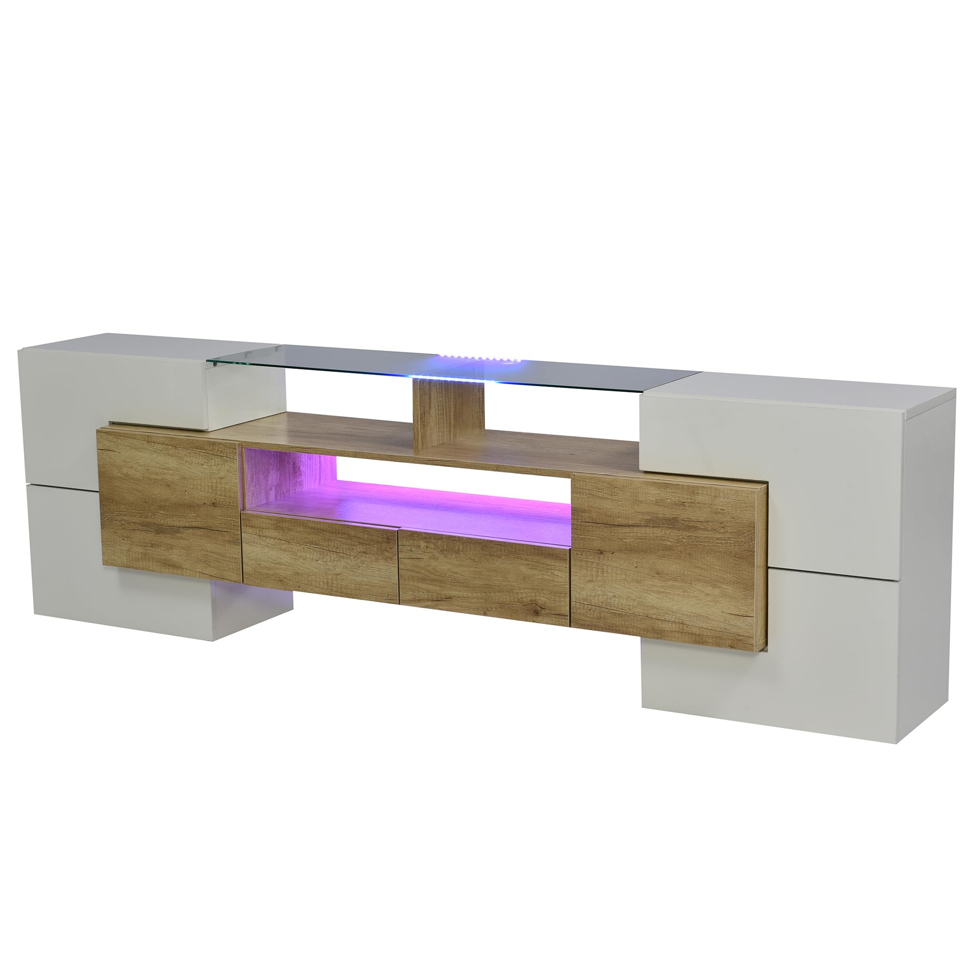 Mueble TV de Alto Brillo de Hasta 80 Pulgadas, Muebles de Salon Muebles TV con Iluminación LED y Estante de Vidrio, Mueble para TV Moderno con 6 Puertas y 2 Cajones, 200x35x60 cm, Natural+Blanco