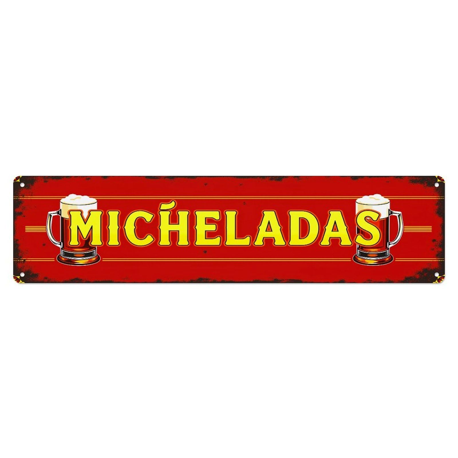 Micheladas Beer Mugs Red Background Retro Metal Tin Sign, Vintage Decor Art Poster for Bar, Home, Man Cave, Kitchen, Laundry Room Gift 4x16Inch