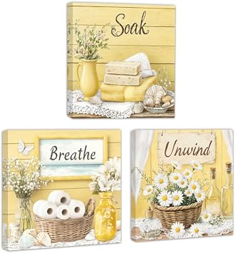 DOARTDO Bathroom Wall Art 3 Piece Set Canvas Prints Yellow Bathroom Pictures Soak Unwind Breathe Painting Yellow Wall Decor Ready to Hang 12"x12"x3