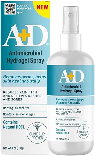 A+D Spray de hidrogel antimicrobiano – con ácido hipocloroso, elimina gérmenes, ayuda a curar erupciones e irritaciones, reduce la picazón