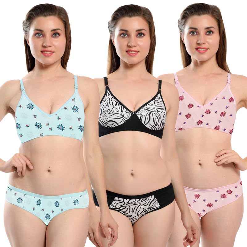 Image of Love Maker Evergreen Women Non-Padded Bra Panty Set Pure Soft Cotton Women Lingerie Sets Combo of 3 Pairs