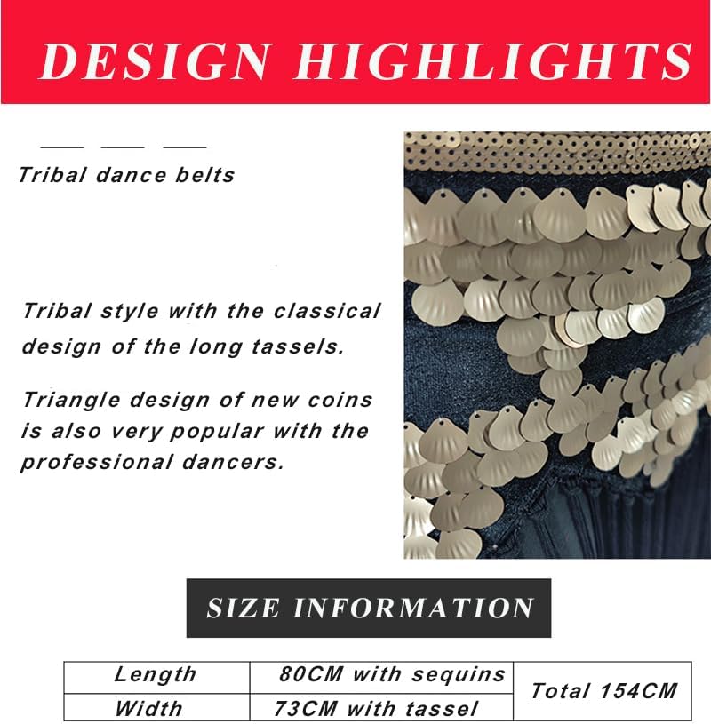 Triangle Gold Coins Long Tassel Belt Belly Dance Hip Scarf Festival Costume Women Dancing Wear Accessories (red) - Image 2