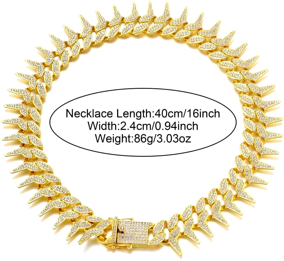 Image of Dog Chain Collar, Side Spiked Style Necklace Bling Diamond Cuban Link Dog Collars Glitter Rhinestone Puppy Collar for for Small Medium Large Pet Dogs (Gold, 12 Inch)